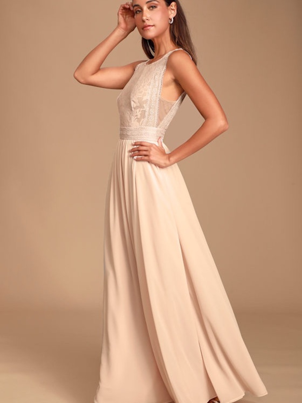 Lulus Sleeveless Lace Bodice Chiffon Maxi Dress in Blush Size XS